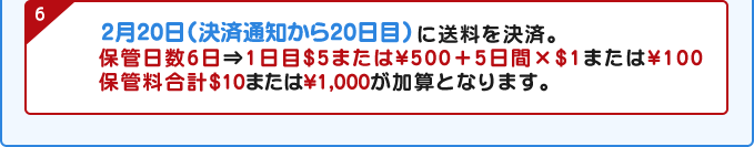 2月20日（決済通知から20日目）に送料を決済。保管日数6日1日目$5または￥500　＋　5日間×$1または￥100が加算となります。